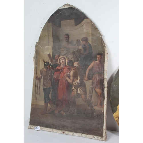 394 - A stunning antique oil on canvas 'Station of the Cross' painting, in need of restoration measuring 3... 