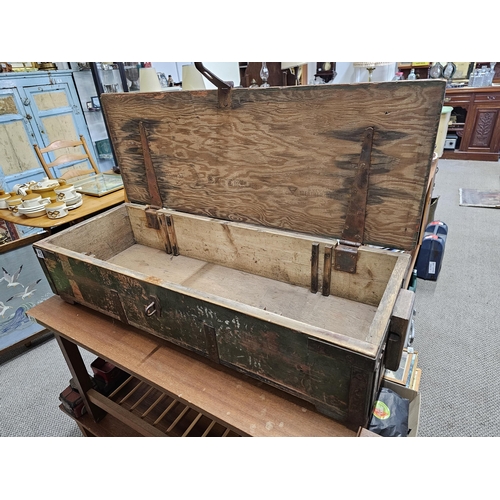 459 - A large vintage wooden military ammo box/ trunk.