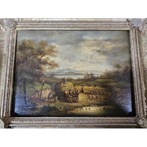 504 - A pair of antique oil on board paintings in decorative gilt frames, measuring including frame 13