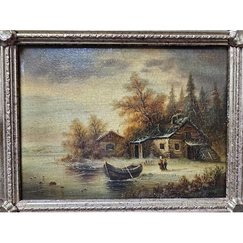 504 - A pair of antique oil on board paintings in decorative gilt frames, measuring including frame 13