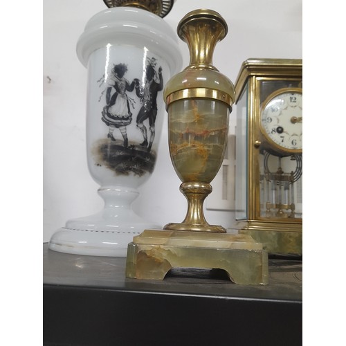 275 - A stunning antique marble three piece clock set with hand painted porcelain dial.