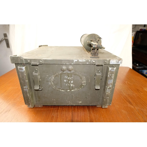 102 - A vintage metal military ammo box/ trunk with extinguisher, measuring 17