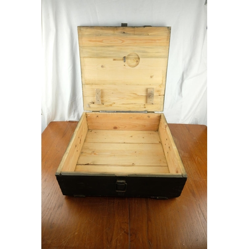 141 - A vintage wooden military ammo box/ trunk, measuring 50cm x 53cm x 20cm.