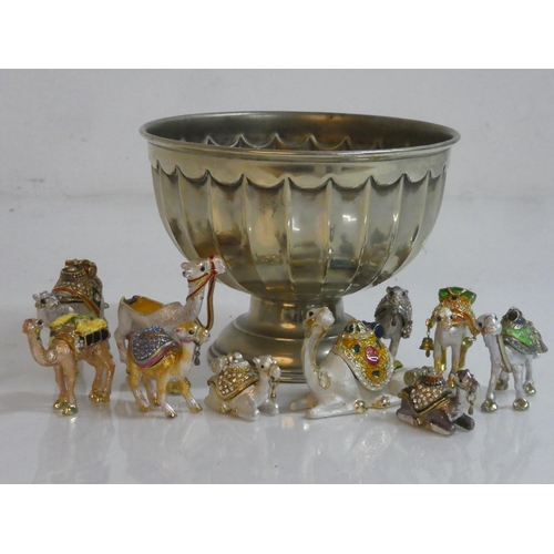 60 - A vintage silver plated rose bowl and a lot of metal camel trinket holders.