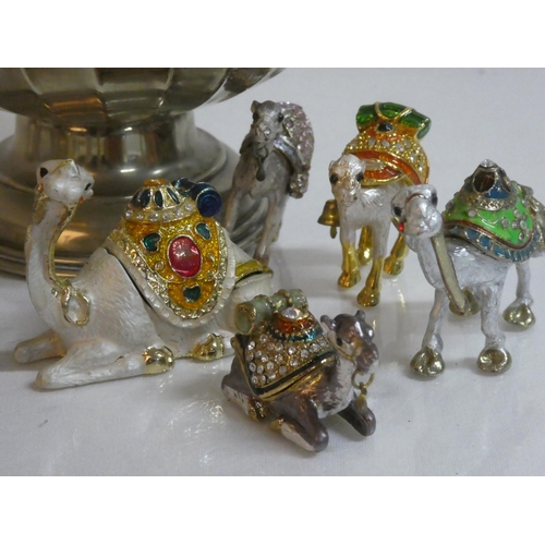 60 - A vintage silver plated rose bowl and a lot of metal camel trinket holders.