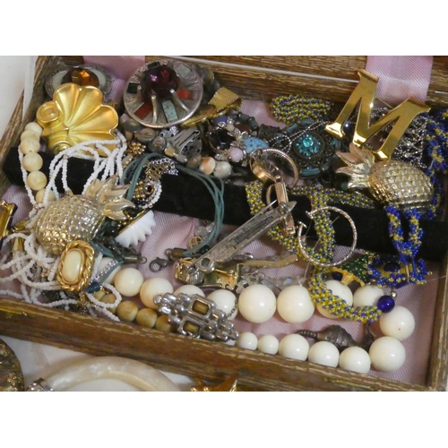 108 - A vintage cutlery box and a lot of various costume jewellery.