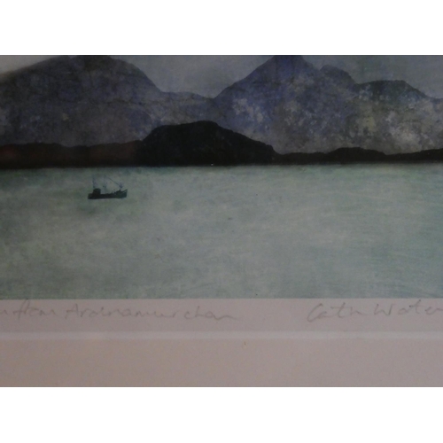 200 - A framed watercolour 'Rum from Ardnamurchan, Scotland' by Cath Waters, measuring 11