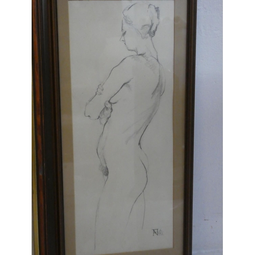 246 - Two framed nude pencil sketches by Frank Nelson and another drawing.