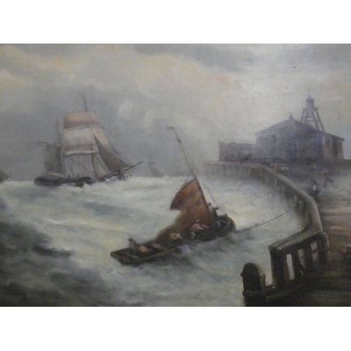 155 - A superb large antique gilt framed oil painting of a harbour scene in stormy weather, measuring incl... 