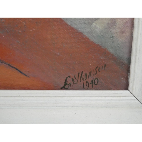 242 - A vintage framed abstract oil painting on board by C P G Thomson, measuring 59cm x 84cm including fr... 