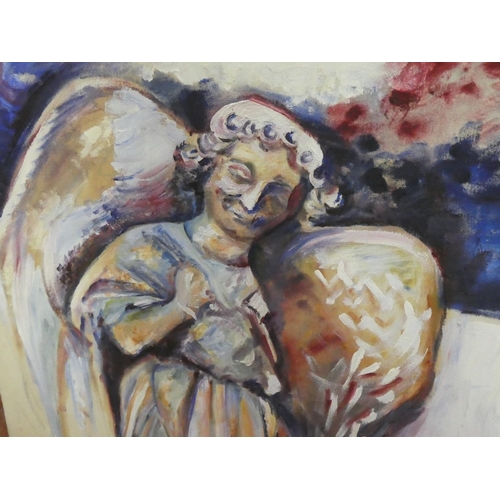 256 - A large oil on canvas of an angel, measuring 70cm x 70cm.