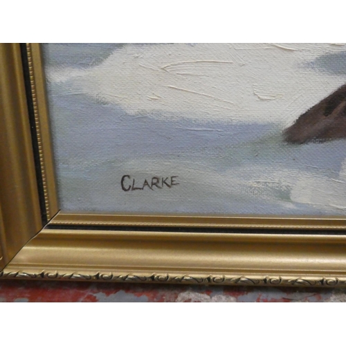 257 - A gilt framed oil 'Garron Point, Cushendall' signed Clarke, measuring 47cm x 36cm.