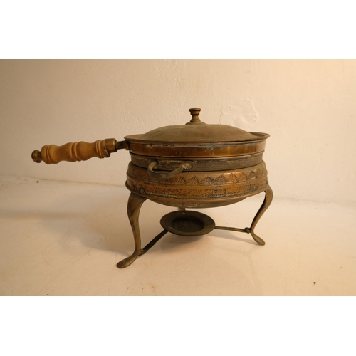 307 - A vintage Middle Eastern style three piece brass chafing dish with wooden handle.