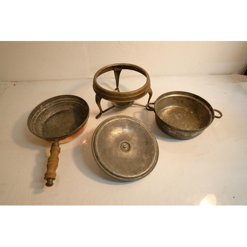 307 - A vintage Middle Eastern style three piece brass chafing dish with wooden handle.