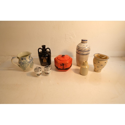 308 - A vintage George Ballantine whiskey flagon, two Royal Worcester egg coddlers, studio pottery pieces ... 