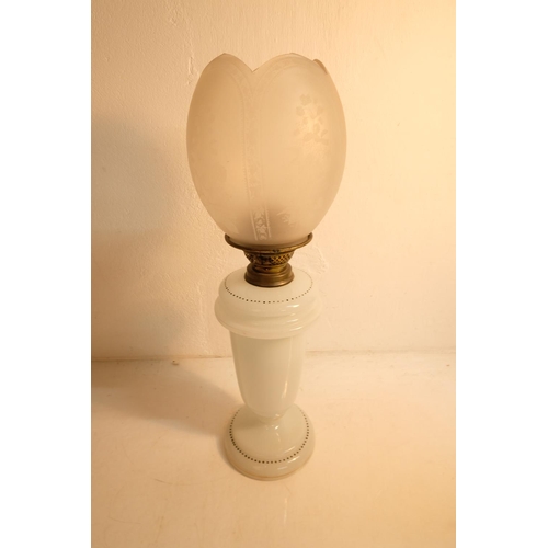 327 - A stunning antique oil lamp with etched glass shade and hand painted design, measuring 59cm.