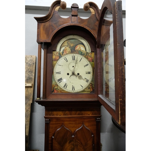 66 - A stunning antique walnut long cased clock with hand painted dial, measuring 232cm x 59cm x 26cm.