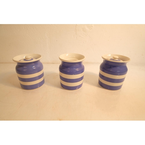 368 - Three T G Green & Co blue and white storage jars (one missing lid).