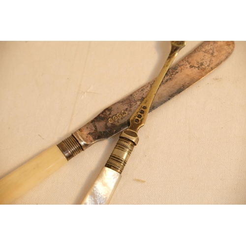 405 - An antique bone handled butter knife with sterling silver collar and a pickle fork.