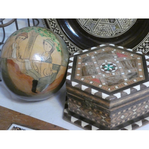 456 - A vintage teak serving platter with two tiles, a wire basket and a lot of trinket holders, tiles etc... 