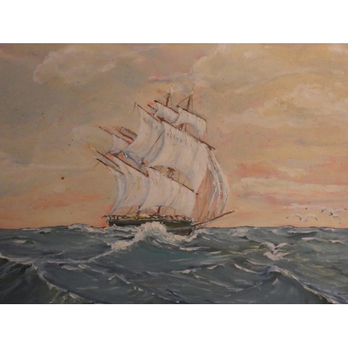 510 - A framed oil painting of a ship, unsigned, measuring 53cm x 42cm.