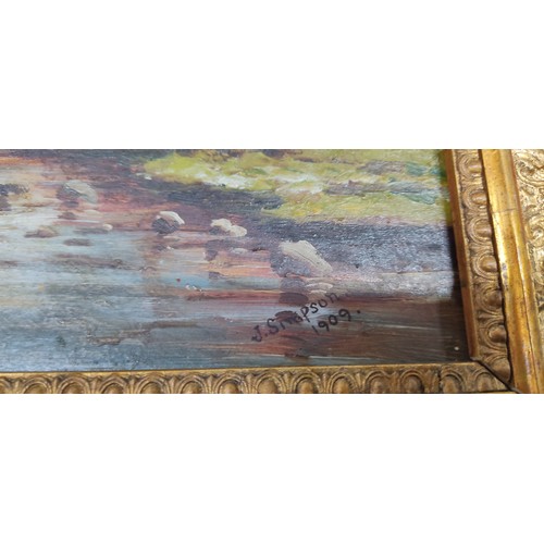 120 - An antique gilt framed painting of a rural scene, signed and dated by the artist, J.Simpson 1909, me... 