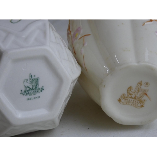 76 - Three pieces of Belleek pottery and more.