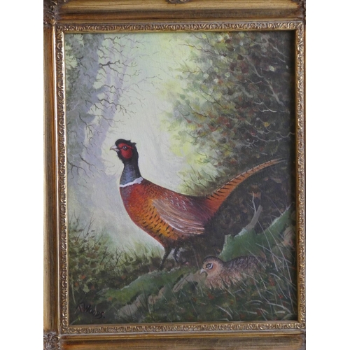 85 - Two stunning gilt framed oil paintings of birds signed K Woods and another unsigned, measuring inclu... 