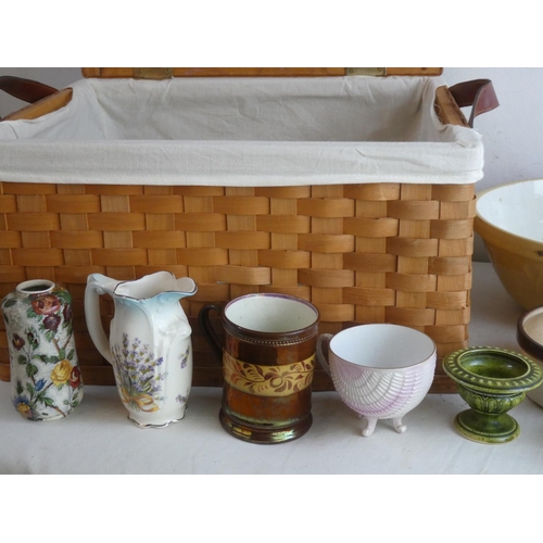 113 - A two handled basket containing a lot of various ceramics including a set of seven Tuscan bone china... 