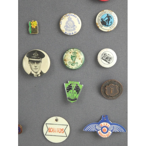 199 - A display of vintage collectors badges including British Sailors Society, Royal Ulster Benevolent Fu... 