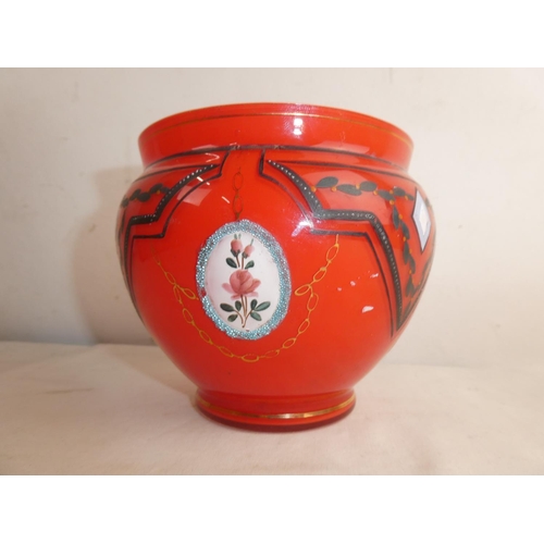 219 - A vintage glass plant pot with hand painted detail.