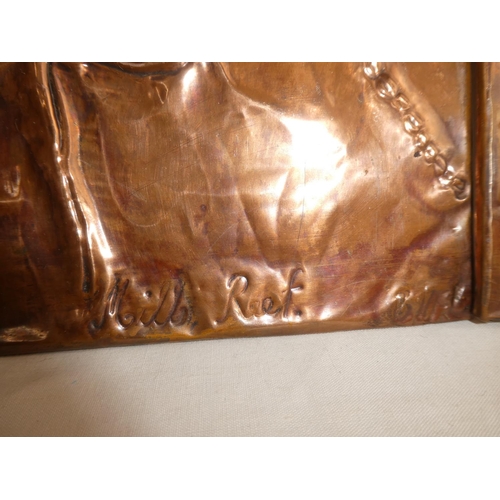 221 - Two vintage copper wall plaques of flowers and a horses head signed B McC, measuring 13cm x 28cm.