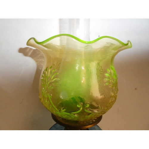 280 - A stunning antique blue glass font cottage oil lamp with Uranium glass shade.