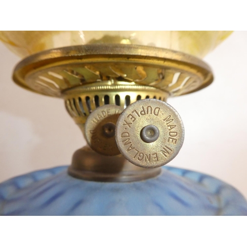 280 - A stunning antique blue glass font cottage oil lamp with Uranium glass shade.