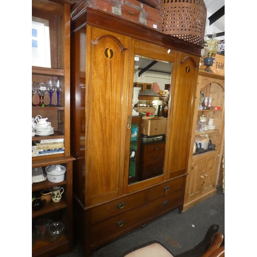 284 - A stunning antique mahogany mirror door wardrobe with Art Deco inlay design. 82x55x21 inch