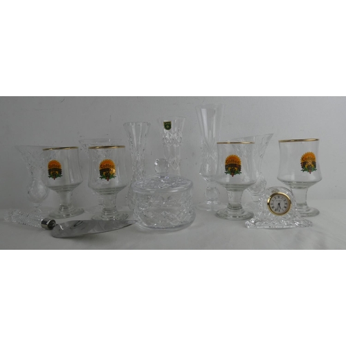 293 - A set of four vintage Coffee Special glasses, a Tyrone crystal cake knife, a Tyrone crystal mantle c... 