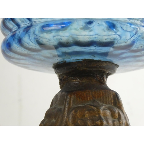 280 - A stunning antique blue glass font cottage oil lamp with Uranium glass shade.