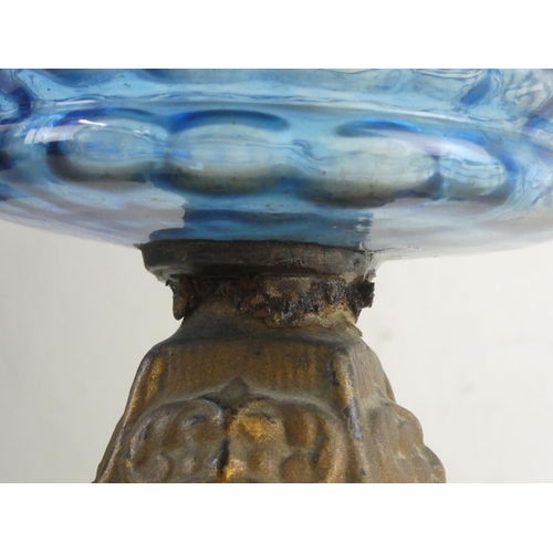 280 - A stunning antique blue glass font cottage oil lamp with Uranium glass shade.