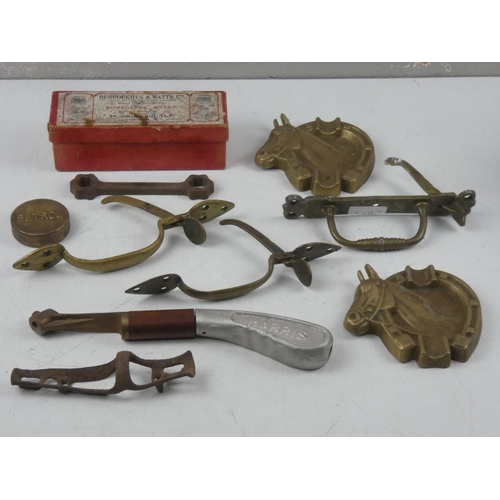 68 - A lot of assorted brass items including a vintage Burroughes & Watts Ltd billiard ball cardboard box... 