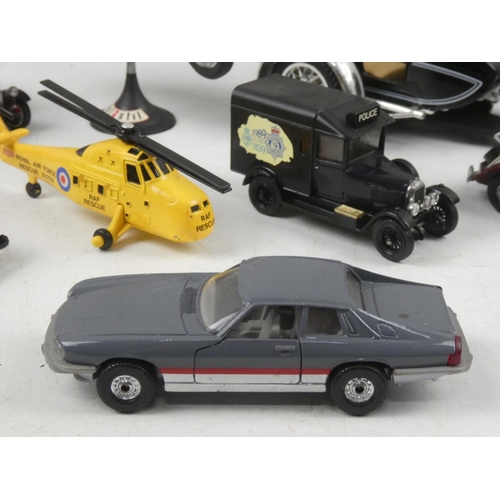 81 - An Ertl Royal Airforce Rescue diecast model helicopter, a Corgi RAC Service van, a Corgi Jaguar XJS ... 