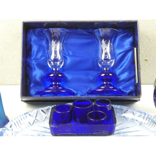 96 - A boxed pair of Duiske Irish crystal candlesticks, antique Bristol blue glass and more.