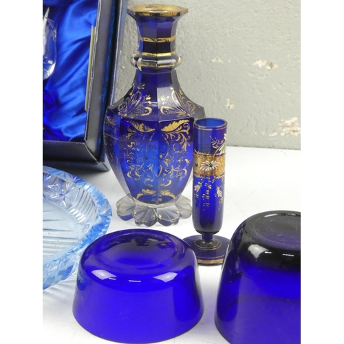 96 - A boxed pair of Duiske Irish crystal candlesticks, antique Bristol blue glass and more.