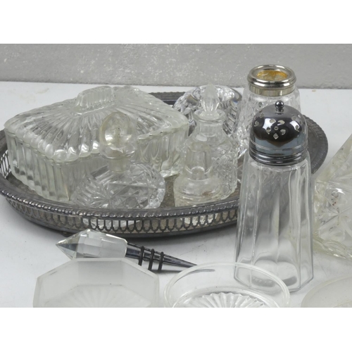 97 - A vintage seven piece dressing table set and other glassware.