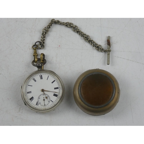 150 - An antique Sterling Silver pocket watch and metal chain and holder.