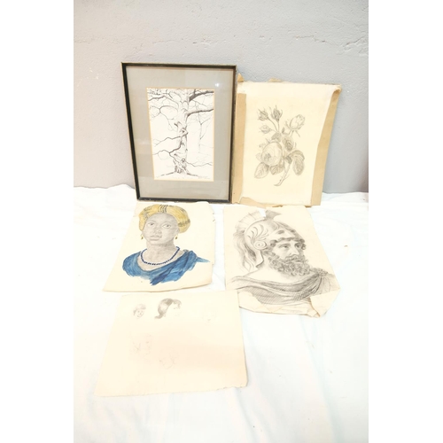 512 - A framed pen drawing by Brain Johnson 1972, along with assortment of unframed artworks.