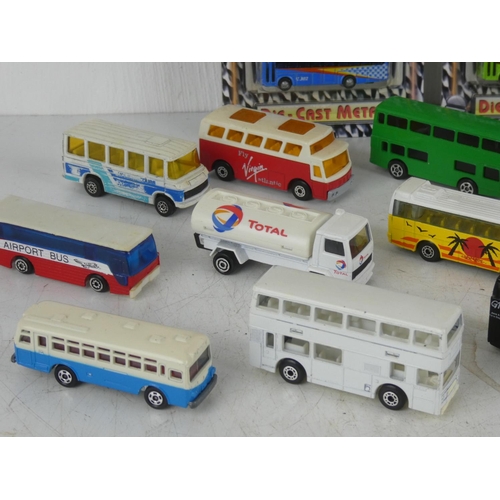 19 - A lot of model cars etc including Tomica, Matchbox and two unopened packs of mini buses.