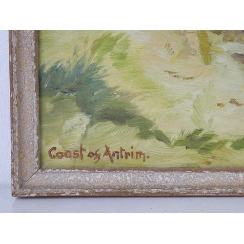 78 - An early framed oil on board 'Coast of Antrim' signed E Anderson, measuring including frame 22