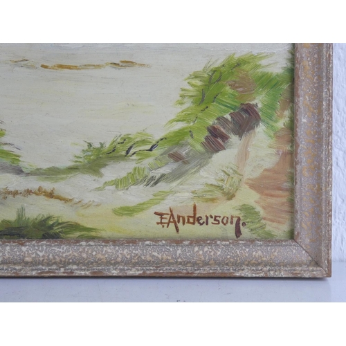 78 - An early framed oil on board 'Coast of Antrim' signed E Anderson, measuring including frame 22