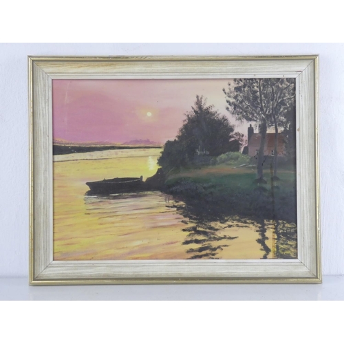 79 - A framed oil on board of a lake scene, unsigned, measuring including frame 47cm x 37cm.