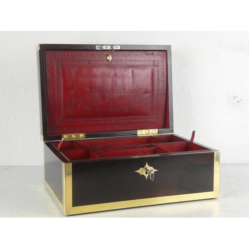 142 - A stunning antique rosewood  & brass bound jewellery box, complete with interior tray & original key... 